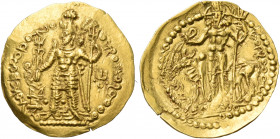 KUSHANO-SASANIANS. Hormizd I, circa 265-295. 1/4 Dinar (Gold, 21 mm, 1.88 g, 11 h), Boxlo (Bakh). Ohromozoo Ooz orko Koshono Shohshoo Hormizd standing...