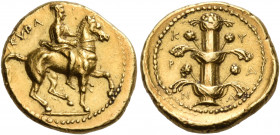 KYRENAICA. Kyrene. Circa 331-322 BC. Hemistater or Drachm (Gold, 15 mm, 4.30 g, 6 h). KYPA Youth, half draped, riding horse trotting to right, holding...