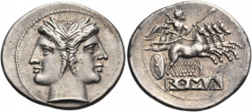 Anonymous, circa 225-214/212 BC. Quadrigatus (Silver, 24 mm, 6.59 g, 6 h), Rome. Laureate janiform head of the Dioscouri; at the top of the heads, two...