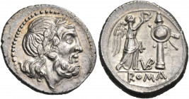 Anonymous, 211-208 BC. Victoriatus (Silver, 19 mm, 3.36 g, 3 h), Rome. Laureate head of Jupiter to right. Rev. ROMA Victory standing right, crowning t...