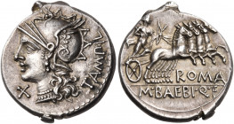 M. Baebius Q.f. Tampilus, 137 BC. Denarius (Silver, 19 mm, 4.00 g, 12 h), Rome. TAMPIL Helmeted head of Roma to left; before chin, X. Rev. ROMA / M · ...