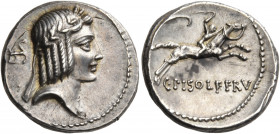 C. Piso L.f. Frugi, 61 BC. Denarius (Silver, 17.5 mm, 4.00 g, 6 h), Rome. Laureate head of Apollo to right; behind, ITS monogram. Rev. C• PISO L F• FR...