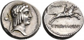 C. Piso L.f. Frugi, 61 BC. Denarius (Silver, 17 mm, 3.78 g, 7 h), Rome. Laureate head of Apollo to right; behind, crab seen from above. Rev. C• PISO• ...