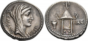 Q. Cassius Longinus, 55 BC. Denarius (Silver, 18.5 mm, 3.83 g, 11 h), Rome. Q · CASSIVS VEST Diademed and veiled head of Vesta to right. Rev. Circular...