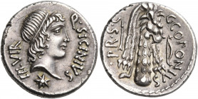 Q. Sicinius and C. Coponius, 49 BC. Denarius (Silver, 17 mm, 3.47 g, 5 h), mint travelling with Pompey in the East. Q.SICINIVS III VIR Diademed head o...