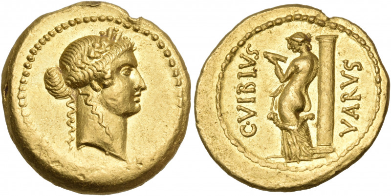 C. Vibius Varus, 42 BC. Aureus (Gold, 21 mm, 8.04 g, 10 h), Rome. Laureate head ...