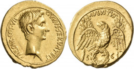 Augustus, 27 BC-AD 14. Aureus (Gold, 21 mm, 7.96 g, 11 h), Italian mint, probably Rome, 27 BC. CAESAR · COS · VII - CIVIBVS · SERVATEIS Bare head of A...