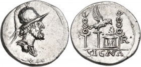 Civil Wars, 68-69. Denarius (Silver, 19 mm, 3.24 g, 7 h), Gaul, March-May 68. Helmeted, bearded and draped bust of Mars to right. Rev. [P] - R /SIGNA ...