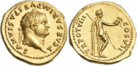 Titus, as Caesar, 69-79. Aureus (Gold, 20 mm, 7.36 g, 5 h), struck under Vespasian, Rome, 79. T CAESAR IMP VESPASIANVS Laureate head of Titus to right...