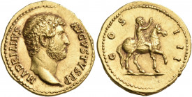 Hadrian, 117-138. Aureus (Gold, 21 mm, 6.92 g, 6 h), Rome, circa late 128. HADRIANVS AVGVSTVS P P Bare head of Hadrian to right. Rev. COS III Hadrian,...