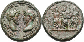 Marcus Aurelius with Lucius Verus, 161-169. Medallion (Bronze, 40 mm, 51.20 g, 11 h), circa 161-165. IMP ANTONINVS AVG COS III IMP VERVS COS II Confro...