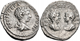 Geta, with Septimius Severus and Caracalla, as Caesar, 198-209. Denarius (Silver, 20 mm, 3.04 g, 6 h), Rome, 200-202. P SEPT GETA CAES PONT Bareheaded...