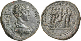 PONTUS. Neocaesarea. Geta, as Caesar, 198-209. Triassarion (Bronze, 31 mm, 16.34 g, 12 h), dated year PMB = 142 = 205/6. Λ Π CEΠ - ΓETAC KAI Draped an...
