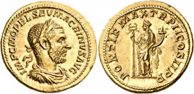Macrinus, 217-218. Aureus (Gold, 21 mm, 7.22 g, 1 h), Rome, 217. IMP C M OPEL SEV MACRINVS AVG Laureate, draped and cuirassed bust of Macrinus to righ...
