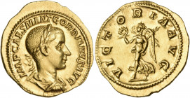 Gordian III, 238-244. Aureus (Gold, 21 mm, 4.86 g, 6 h), Rome, 239. IMP CAES M ANT GORDIANVS AVG Laureate, draped and cuirassed bust of Gordian III to...