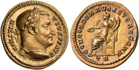 Constantius I, 305-306. Aureus (Gold, 18 mm, 5.32 g, 5 h), Treveri. CONSTAN-TIVS P F AVG Laureate head of Constantius I to right. Rev. CONCORDIA AVGG ...