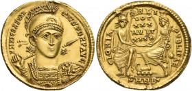 Constantius II, 337-361. Solidus (Gold, 21 mm, 4.43 g, 6 h), Nicomedia, B = 2nd officina, 351-355. FL IVL CONSTANTIVS PERP AVG Diademed, helmeted and ...