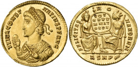 Constantius II, 337-361. Solidus (Gold, 21.5 mm, 4.49 g, 6 h), Rome, P = 1st officina, 357. FL IVL CONST-ANTIVS P F AVG Diademed bust of Constantius I...
