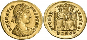 Gratian, 367-383. Solidus (Gold, 21 mm, 4.43 g, 12 h), Thessalonica, 378-383. D N GRATIA-NVS P F AVG Pearl-diademed, draped and cuirassed bust of Grat...