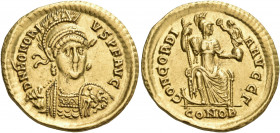 Honorius, 393-423. Solidus (Gold, 20.5 mm, 4.46 g, 6 h), Constantinople, Γ = 3rd officina, 397-402. D N HONORI - VS P F AVG Helmeted, diademed and cui...