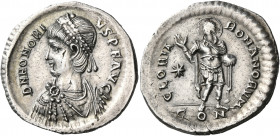 Honorius, 393-423. Miliarense (Silver, 23 mm, 4.28 g, 12 h), Constantinople, 408-420. DN HONORI-VS P F AVG Diademed, draped and cuirassed bust of Hono...