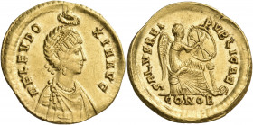 Aelia Eudoxia, Augusta, 400-404. Solidus (Gold, 20 mm, 4.44 g, 6 h), Constantinople, E = 5th officina, c. 402-403. AEL EVDOXIA AVG Diademed and draped...