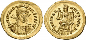 Theodosius II, 402-450. Solidus (Gold, 21 mm, 4.49 g, 6 h), Constantinople, Z = 7th officina, 430-440. D N THEODO-SIVS P F AVG Pearl-diademed, helmete...