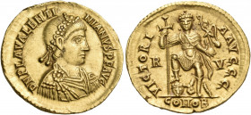 Valentinian III, 425-455. Solidus (Gold, 21 mm, 4.43 g, 6 h), Ravenna, 430-445. D N PLA VALENTI-NIANVS P F AVG Rosette-diademed, draped and cuirassed ...