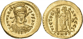 Marcian, 450-457. Solidus (Gold, 20 mm, 4.48 g, 6 h), Constantinople, Γ = 3rd officina. D N MARCIA-NVS P F AVG Helmeted, diademed and cuirassed bust o...