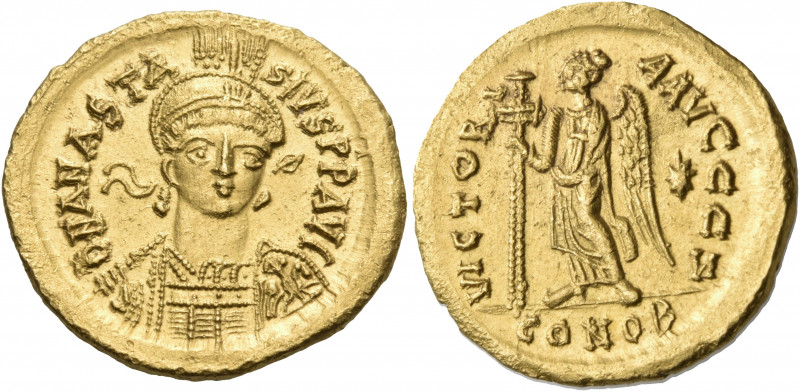 Anastasius I, 491-518. Solidus (Gold, 20 mm, 4.47 g, 6 h), Constantinople, Z = 7...