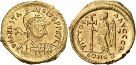 Anastasius I, 491-518. Solidus (Gold, 20 mm, 4.48 g, 6 h), Constantinople, A = 1st officina, 491-498. D N ANASTA-SIVS P P AVC Helmeted and cuirassed b...