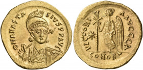 Anastasius I, 491-518. Solidus (Gold, 21 mm, 4.49 g, 7 h), Constantinople, A = 1st officina, 498. D N ANASTA-SIVS P P AVC Helmeted and cuirassed bust ...
