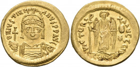 Justinian I, 527-565. Solidus (Gold, 20.5 mm, 4.49 g, 6 h), Constantinople, IB = 12th officina, 542-565. D N IVSTINIANVS P P AVI Diademed, helmeted an...
