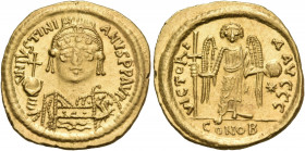 Justinian I, 527-565. Solidus (Gold, 20.5 mm, 4.46 g, 6 h), Thessalonica, 542-552. D N IVSTINIANVS P P AVG Diademed, helmeted and cuirassed bust of Ju...