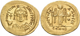 Justinian I, 527-565. Solidus (Gold, 21 mm, 4.47 g, 6 h), Thessalonica, 542-552. DN IVSTINIANVS P P AVG Diademed, helmeted and cuirassed bust of Justi...