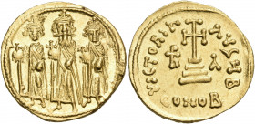 Heraclius, with Heraclius Constantine and Heraclonas, 610-641. Solidus (Gold, 20 mm, 4.45 g, 6 h), Constantinople, B = 2nd officina, indiction year IA...