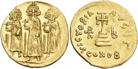 Heraclius, with Heraclius Constantine and Heraclonas, 610-641. Solidus (Gold, 20 mm, 4.49 g, 6 h), Constantinople, Γ = 3rd officina, indictional year ...