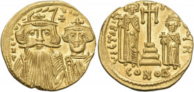 Constans II, with Constantine IV, Heraclius, and Tiberius, 641-668. Solidus (Gold, 19 mm, 4.45 g, 6 h), Constantinople, H = 8th officina, 661-663. d N...