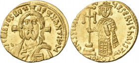 Justinian II, first reign, 685-695. Solidus (Gold, 20 mm, 4.50 g, 7 h), Constantinople, A = 1st officina, 692-695. IhS CRISTOS REX REGNANTIVM Draped b...
