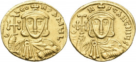 Constantine V Copronymus, with Leo III, 741-775. Solidus (Gold, 20 mm, 4.42 g, 6 h), Constantinople, 742-745. d LEO-N P A MЧL' Crowned and bearded bus...