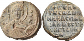 BYZANTINE SEALS. Manuel Synadenos, spatharokandidatos and strategos, 11th century. Seal or Bulla (Lead, 26 mm, 9.15 g, 11 h). (OA) Γ/E-O/P/Γ Nimbate, ...