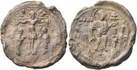 BYZANTINE SEALS. Anonymous, Circa 12th century. Seal or Bulla (Lead, 25 mm, 7.89 g, 12 h). H/ CTA/Y -PΩ/CIC The Staurosis = the Crucifixion: at the ce...