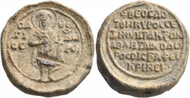 BYZANTINE SEALS. Theodoros, after 1204-14th century. Seal or Bulla (Lead, 28 mm, 30.10 g, 12 h). O A/ΓI/OC - ΘE/O/ΔΩ/POC Saint Theodore, nimbate and i...