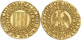 ITALY. Kingdom of Sicily. Peter I (III of Aragon) and Constance, 1282-1285. Pierreale (Gold, 24 mm, 4.38 g, 12 h), Messina. + P DEI GRA ARAGON' SICIL'...