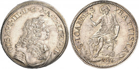 ITALY, Tuscany, Grand Duchy. Cosimo III, 1670-1723. Testone (Silver, 32 mm, 8.93 g, 6 h), Florence, 1676. COSMVS.III.D.G.MA.D.ETRV.VI. Draped and cuir...