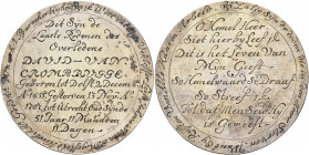 THE DUTCH REPUBLIC. Utrecht. 1707. Medal (Silver, 56 mm, 18.06 g, 12 h), an engraved medal on the death of the Pastor David van Crombrugge, born 2 Dec...