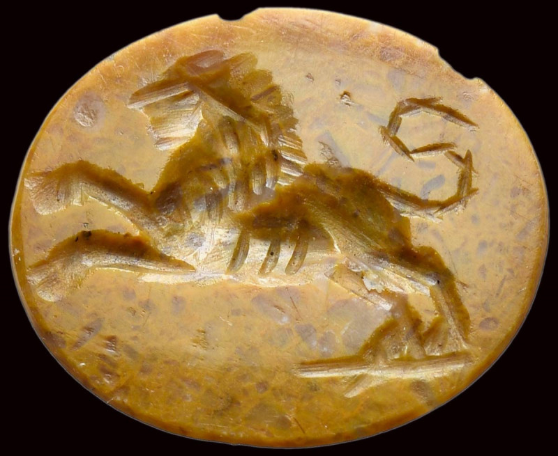 A roman yellow jasper intaglio. Lion. 

2nd-3rd century A.D.
11x13x2 mm

Th...