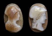 A lot of 2 postclassical layered agate cameos. Portraits of Minerva.