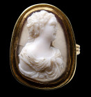 A renaissance two-layered agate cameo set in a gold ring. Female bust.