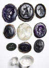 A lot of 10 neoclassical glass impressions and a green jasper intaglio. Various subjects.